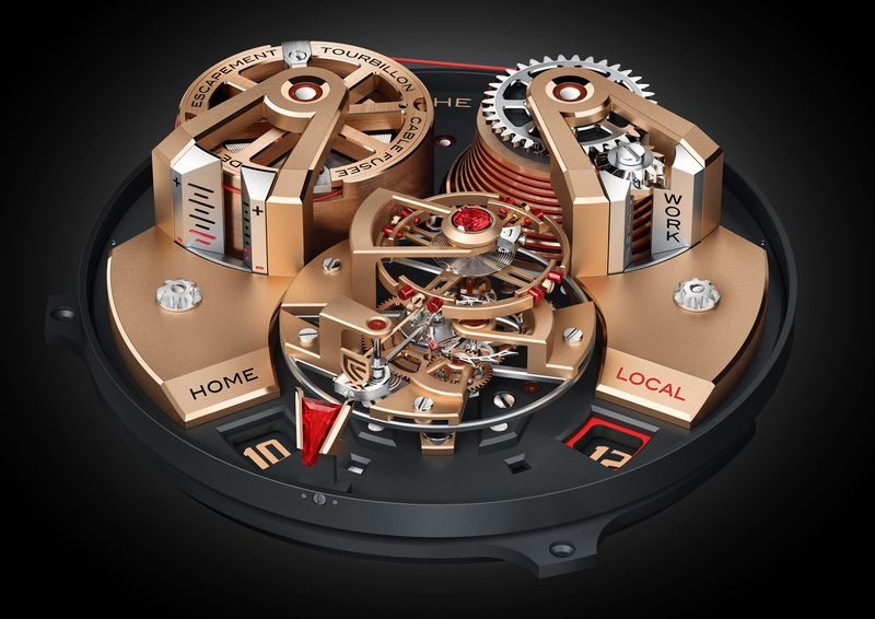 The two time zones are indicated via a jumping hour display appearing in counters at 5 and 7 o'clock, along with a day/night indication on Christophe Claret Angelico .